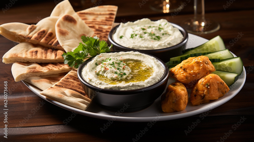 A platter of assorted Mediterranean dips, including hummus, baba ganoush, and tzatziki, served with pita bread A platter of assorted Mediterranean dips, including hummus, baba ganoush, and tzatziki, served with pita bread