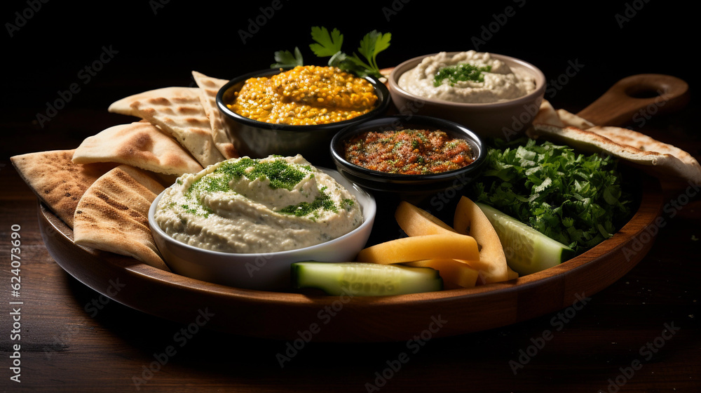 A platter of assorted Mediterranean dips, including hummus, baba ganoush, and tzatziki, served with pita bread A platter of assorted Mediterranean dips, including hummus, baba ganoush, and tzatziki, served with pita bread