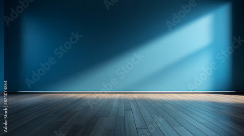 Blue empty wall and wooden floor with interesting light glare. Interior background for presentation