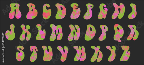 Hippie bohemian funky groovy font from the 1960s in a psychedelic boho style. Ideal for posters, collages, clothing, music albums and more. Vector clipart, individual letters.