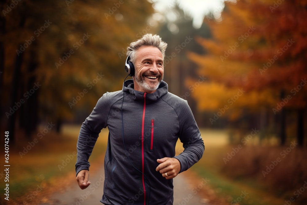 Obraz premium Jogging in the fresh air with your favorite music in headphones, away from the noise of the big city. Caucasian middle-aged man during a running workout in the autumn park.