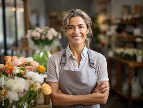 Portrait of a happy mature woman standing in her flower shop. Standing at the entrance is a successful small business owner in an ordinary gray apron. Generative Ai