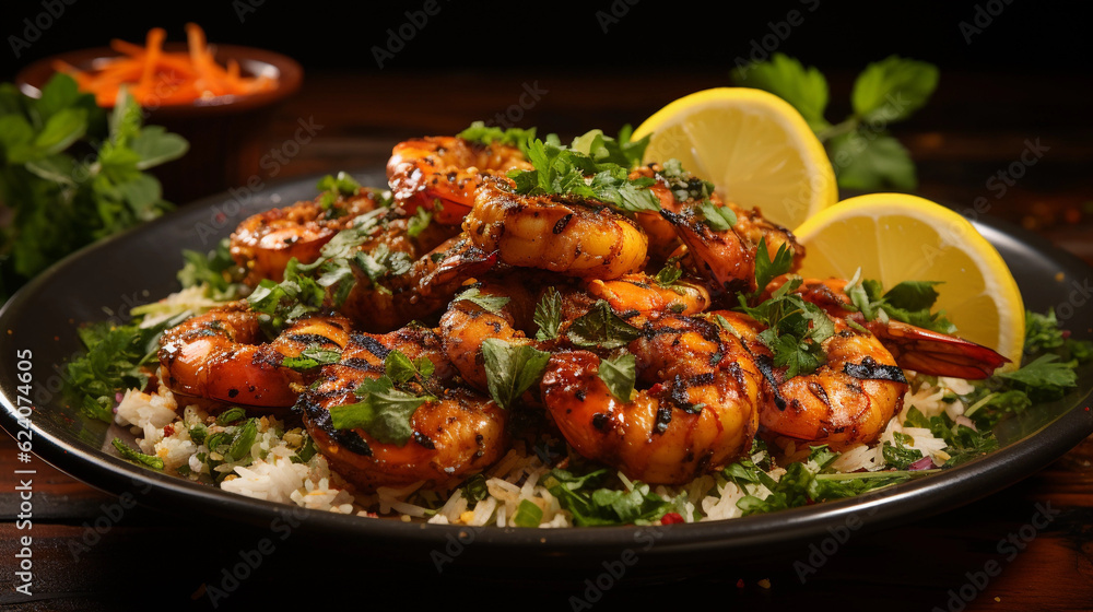 A plate of succulent and tender grilled shrimp skewers, seasoned with herbs and spices A plate of succulent and tender grilled shrimp skewers, seasoned with herbs and spices