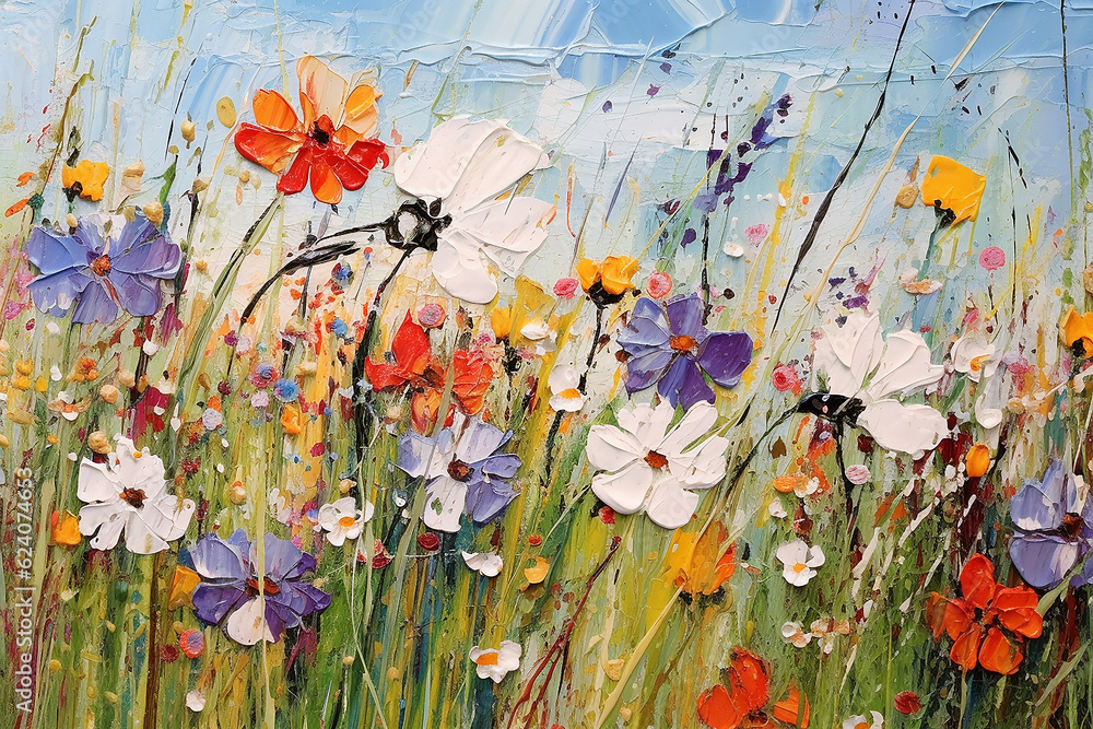 Abstract oil painting of  wild flower field with beautiful sky in summer season. Generative AI.