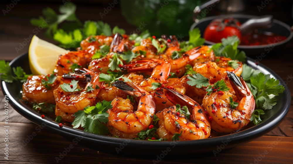 A plate of succulent and tender grilled shrimp skewers, seasoned with herbs and spices A plate of succulent and tender grilled shrimp skewers, seasoned with herbs and spices