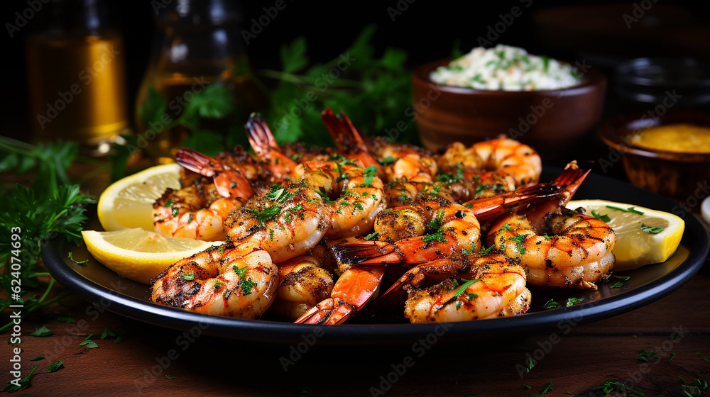 A plate of succulent and tender grilled shrimp skewers, seasoned with herbs and spices