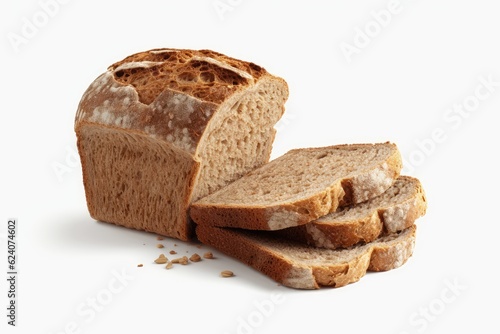 A few slices of cut bread in front of a white background