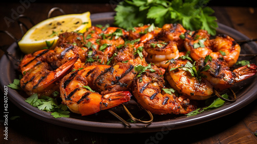 A plate of succulent and tender grilled shrimp skewers, seasoned with herbs and spices