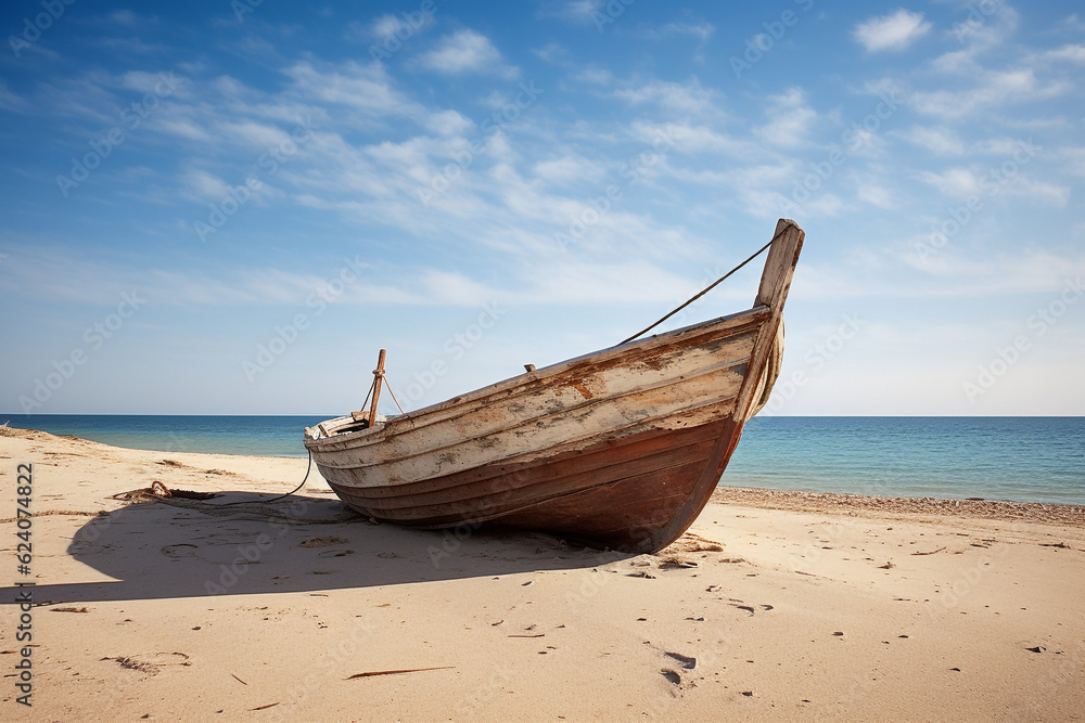 old fisherman boat isolated on sandy beach. High quality photo