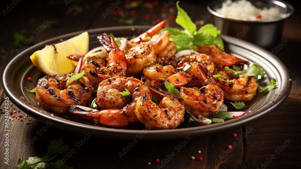 A plate of succulent and tender grilled shrimp skewers, seasoned with herbs and spices A plate of succulent and tender grilled shrimp skewers, seasoned with herbs and spices