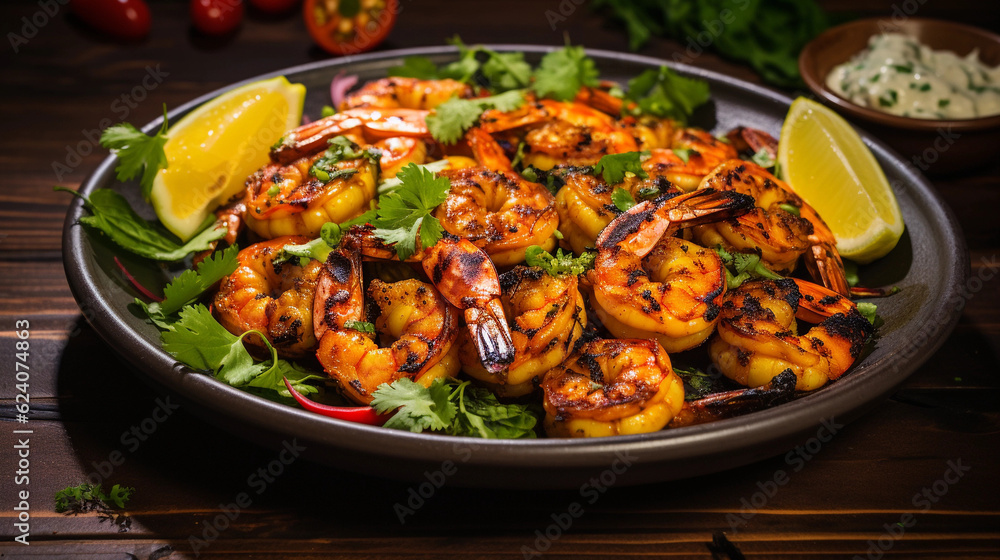 A plate of succulent and tender grilled shrimp skewers, seasoned with herbs and spices A plate of succulent and tender grilled shrimp skewers, seasoned with herbs and spices