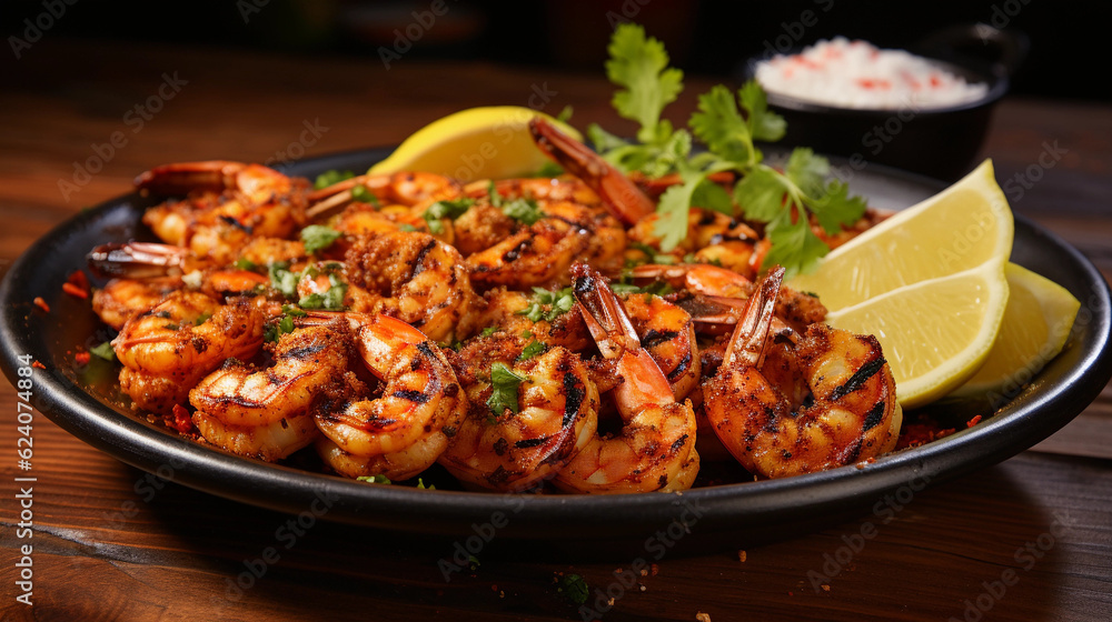 A plate of succulent and tender grilled shrimp skewers, seasoned with herbs and spices A plate of succulent and tender grilled shrimp skewers, seasoned with herbs and spices
