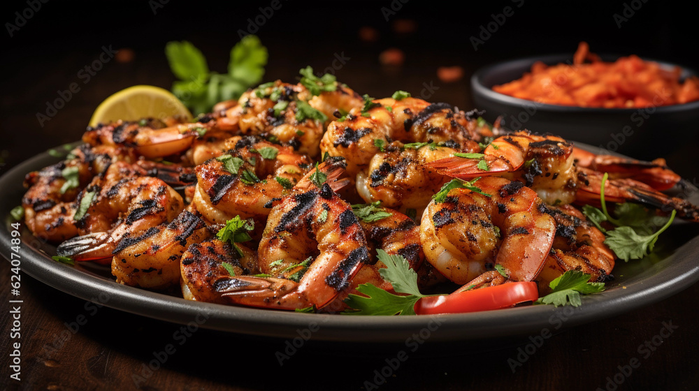 A plate of succulent and tender grilled shrimp skewers, seasoned with herbs and spices A plate of succulent and tender grilled shrimp skewers, seasoned with herbs and spices