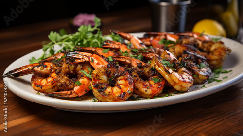 A plate of succulent and tender grilled shrimp skewers, seasoned with herbs and spices