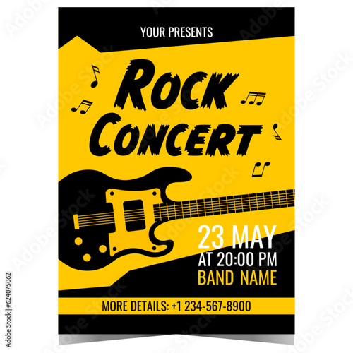 Rock concert vector design template with electric guitar and musical notes on black yellow background. Banner or poster, invitation leaflet or flyer for hard rock show or heavy metal music festival.