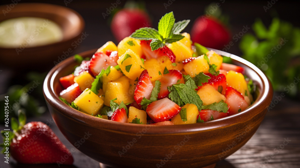 A bowl of refreshing and colorful fruit salsa, featuring diced mango, pineapple, and strawberries A bowl of refreshing and colorful fruit salsa, featuring diced mango, pineapple, and strawberries