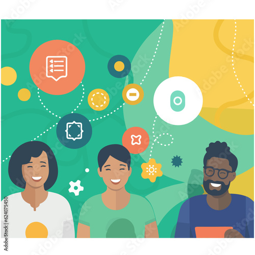 Diverse group of 3 smiling friends or coworkers brainstorming and discussing ideas. Colorful illustration of a laughing group of 3 people thinking over a strategy