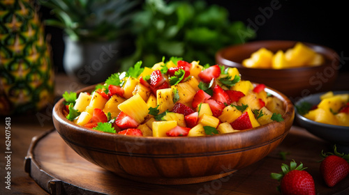 A bowl of refreshing and colorful fruit salsa, featuring diced mango, pineapple, and strawberries