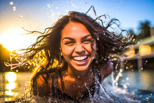 Photo Jeune femme souriante, avec les cheveux mouillés, se baignant - Générative IA