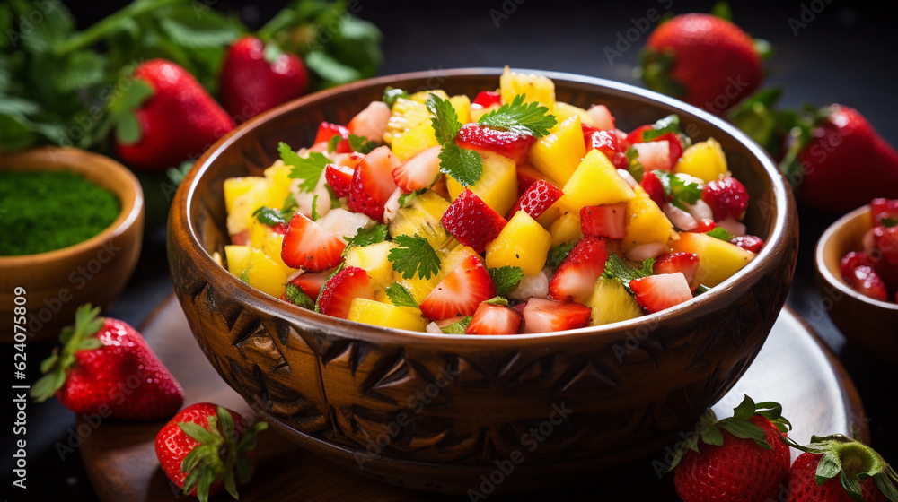 A bowl of refreshing and colorful fruit salsa, featuring diced mango, pineapple, and strawberries A bowl of refreshing and colorful fruit salsa, featuring diced mango, pineapple, and strawberries