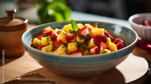 A bowl of refreshing and colorful fruit salsa, featuring diced mango, pineapple, and strawberries