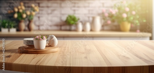 Minimalist modern kitchen bench  wooden finish  condiments  bright and airy  rustic design  Generative AI