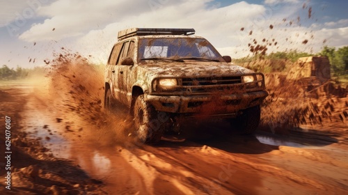 A SUV racing down a muddy dirt race track spraying mud everywhere. Generative AI