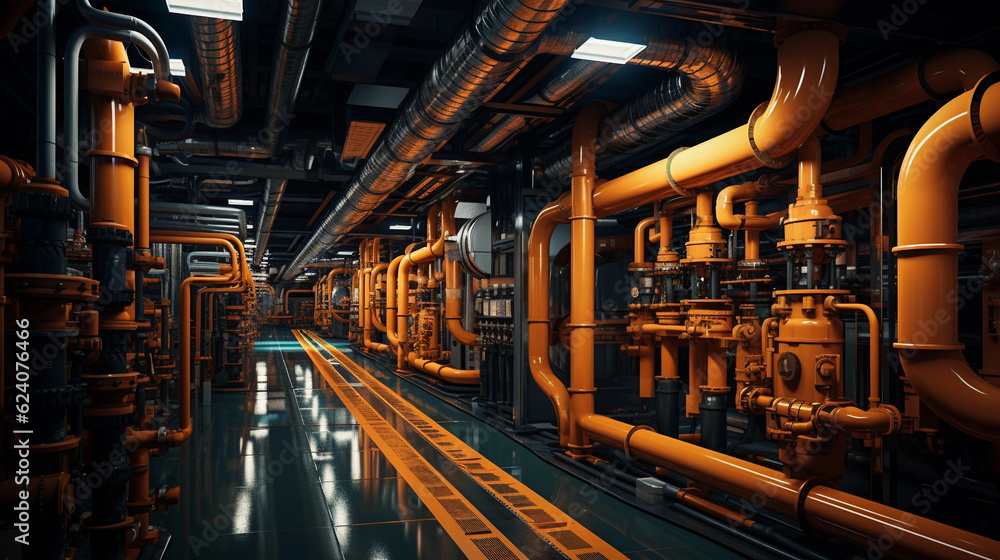 Fototapeta premium Equipment, cables and piping as found inside of a industrial power plant,