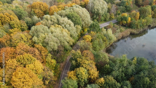 Jesienne zdjęcie parku z drona na którym widać drzewa, jezioro i drogę rowerową / Autumn photo of the park from a drone showing trees, a lake and a bicycle path