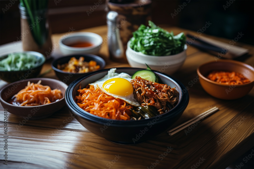 A delicious bibimbap kimchi on black plate.Korean food.Closeup view