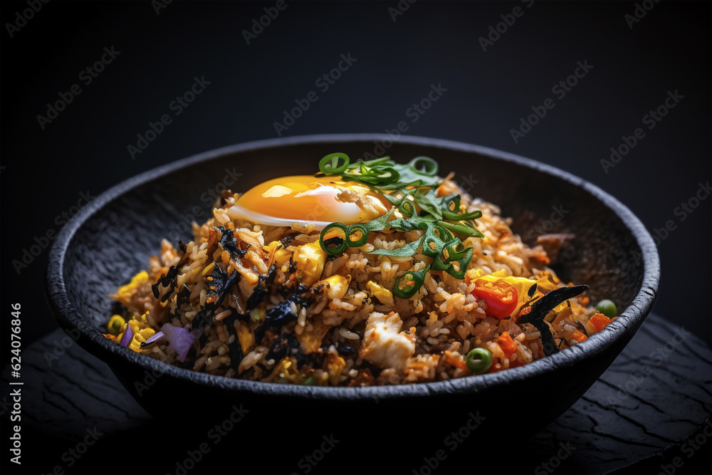 Fried rice and egg on black plate.Korean food.Closeup view Fried rice and egg on black plate.Korean food.Closeup view