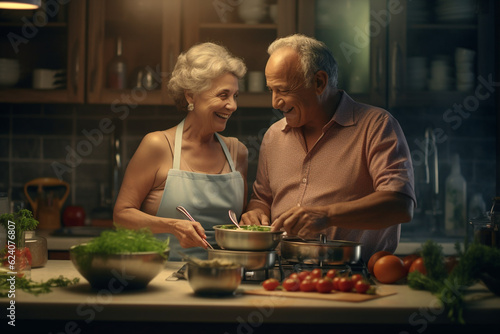 An elderly couple cooking together and having fun. High quality photo