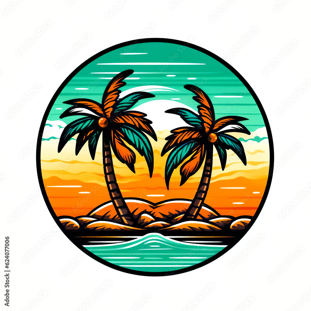 Palm trees against the sea.
Palm trees against the backdrop of sunset or dawn.
The postcard symbolizes rest, vacation and tourism. Generative AI illustration

