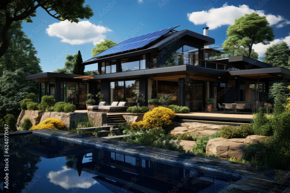 Modern house with solar panels. Generative AI Modern house with solar panels. Generative AI