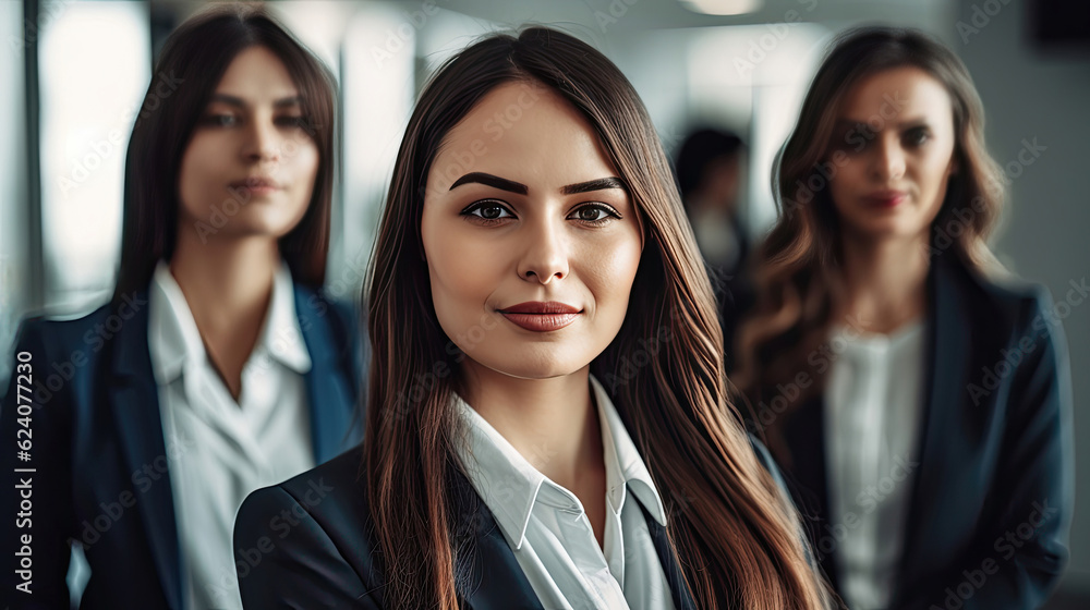 Brunette businesswoman with colleagues at office Brunette businesswoman with colleagues at office