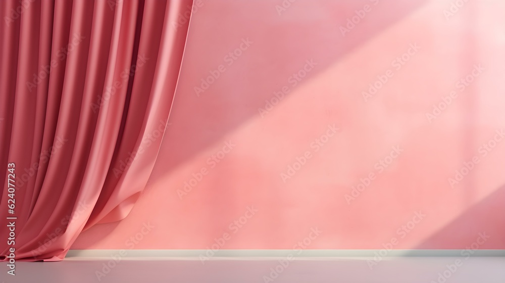 Elegant Room with Curtains in pink Colors and Shadow of Windows. Studio Background for Product Presentation.
