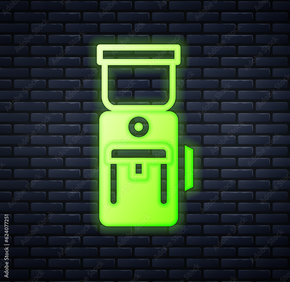Glowing neon Electric coffee grinder icon isolated on brick wall background. Vector Glowing neon Electric coffee grinder icon isolated on brick wall background. Vector
