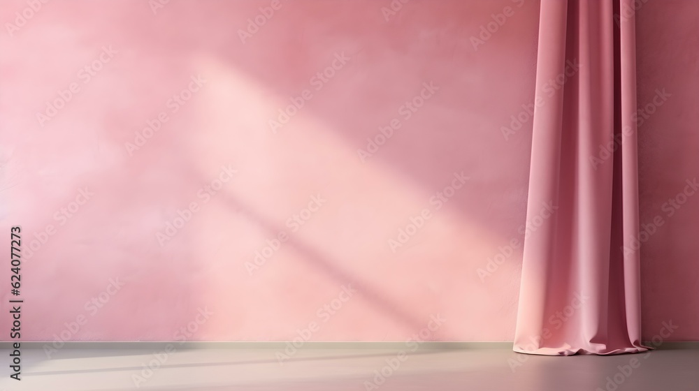 Elegant Room with Curtains in pink Colors and Shadow of Windows. Studio Background for Product Presentation.
