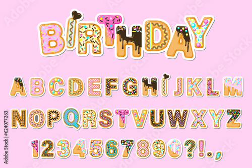 Cake cartoon font. Cute sweet letters and numbers for greeting card, kids party, candy store, girls magazine, collages. Stickers
