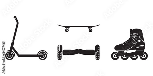 Scooter, Hoverboard, Skateboard, Roller skate icon or logo set. Self balancing, Extreme sport equipment. Vector illustration.