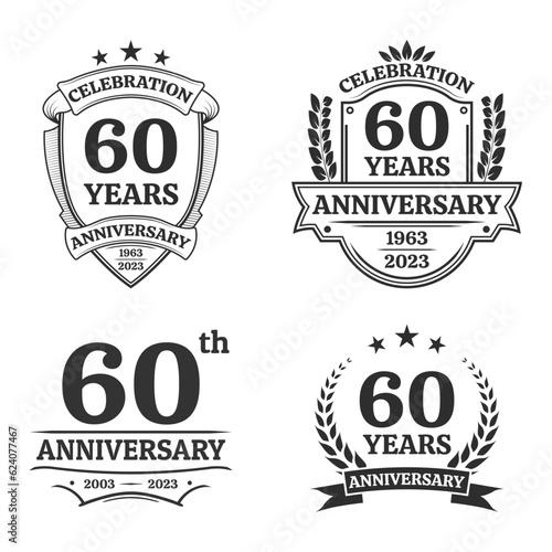 60 years anniversary icon or logo set. Vintage birthday banner design. 60th anniversary jubilee celebration badge or label collection. Vector illustration.
