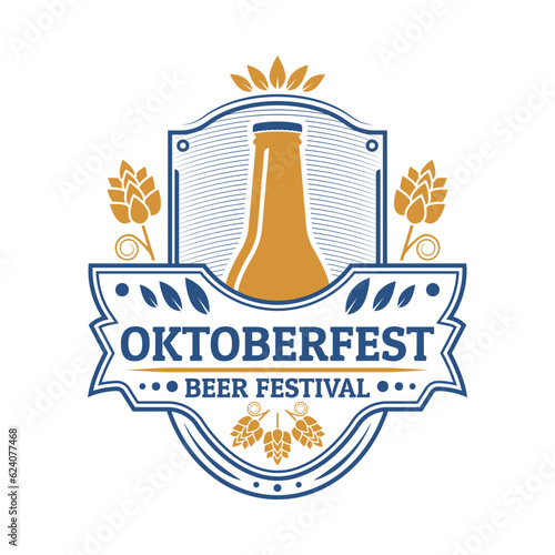 Oktoberfest logo or label. Beer festival vintage design. October fest emblem, poster or banner template. Traditional German, Bavarian beer festival retro badge. Vector illustration.