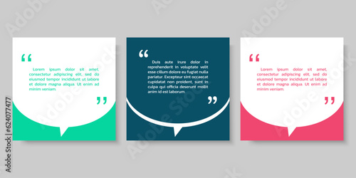 Quote frame blank set with speech bubbles. Quotation, text box design template. Review, feedback, comment modern shape collection. Textbox banners or cards. Vector illustration.
