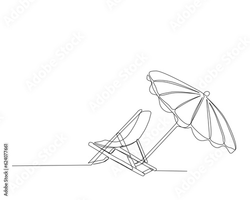 Continuous one line drawing of beach sunbed. Beach umbrella and chair for holiday, summer and vacation concept. Editable stroke. © madebyDSN