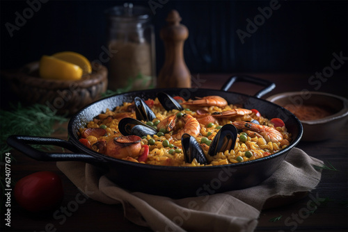 Seafood paella.Close up view