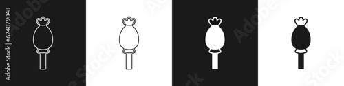 Set Opium poppy icon isolated on black and white background. Poppy Papaver somniferum flower seed head. Vector