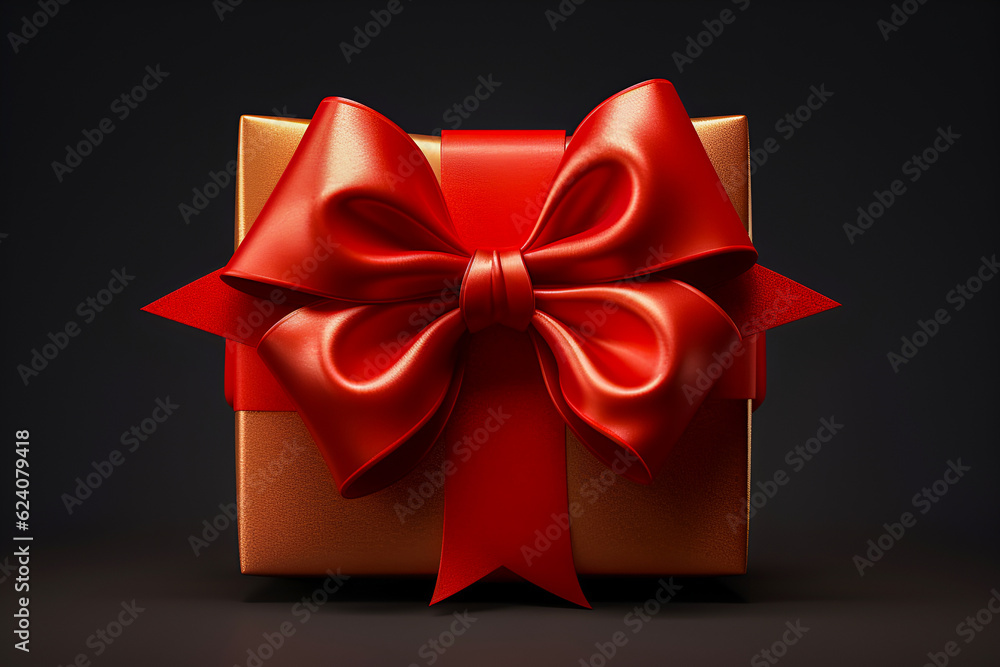 Top view of golden gift box with red ribbon on black background.