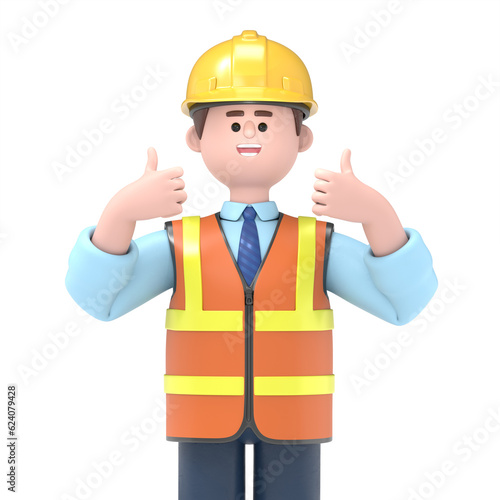 3D Illustration of male engineer Owen showing thumb up, positive hand gesture, good job, respect.Engineer presentation clip art isolated on white background  © lrunups