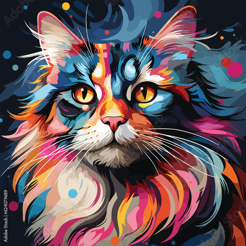 A vibrant and energetic flat vector colorful cat in a pop art style, with bold and dynamic patterns adorning its fur, expressive eyes that radiate curiosity and playfulness, surrounded by abstract geo