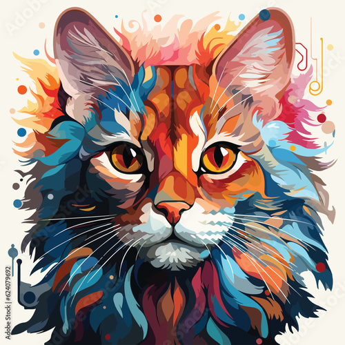 A vibrant and energetic flat vector colorful cat in a pop art style, with bold and dynamic patterns adorning its fur, expressive eyes that radiate curiosity and playfulness, surrounded by abstract geo